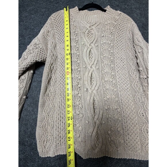 VINTAGE 90s EXPRESS TRICOT Chunky Cable Knit Sweater L Tan Bobble - Picture 4 of 7
